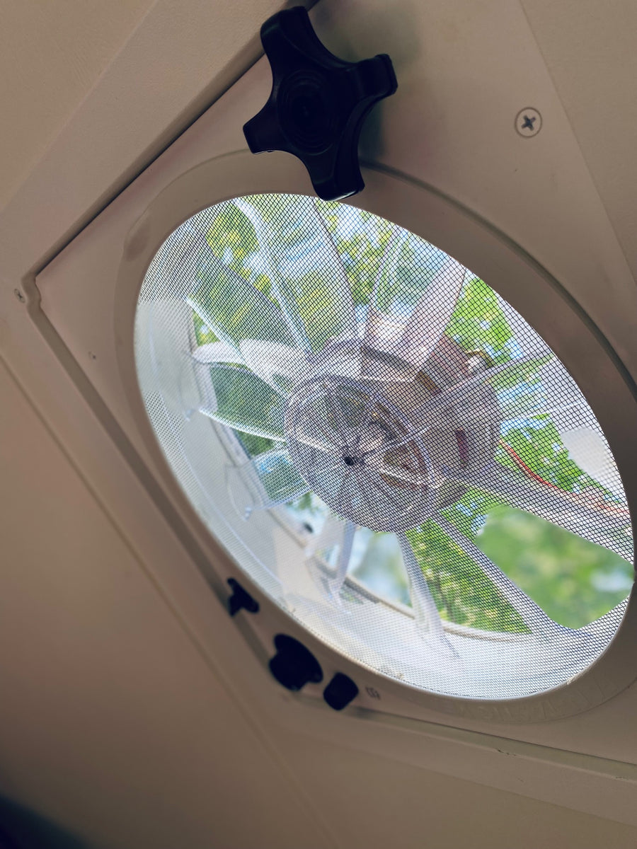 RV rental overhead fan/vent with screen, showing outdoor trees and sky for fresh air circulation.