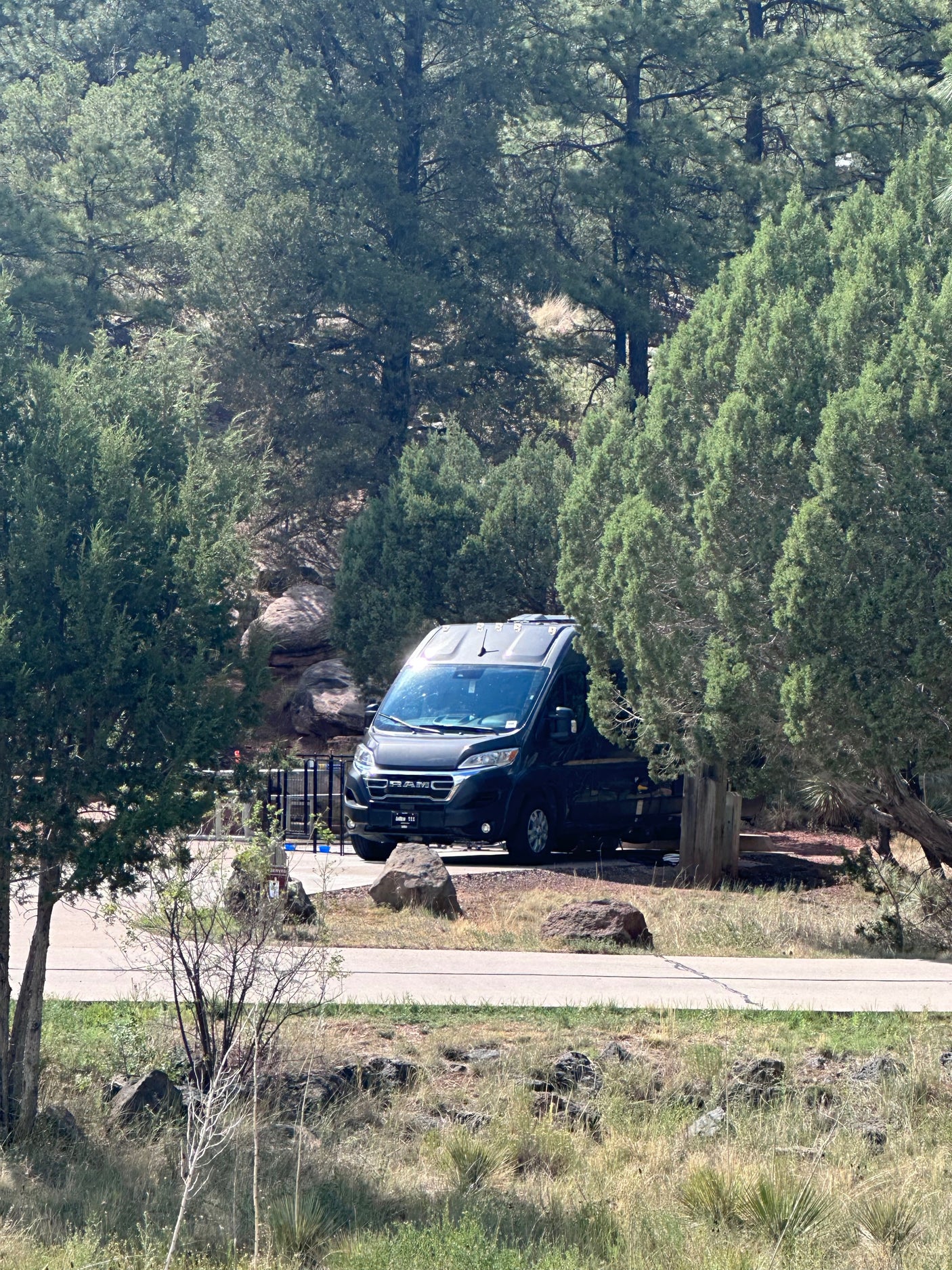 Explore nature with an RV rental: a dark camper van parked among green trees and rocks at a serene campsite.
