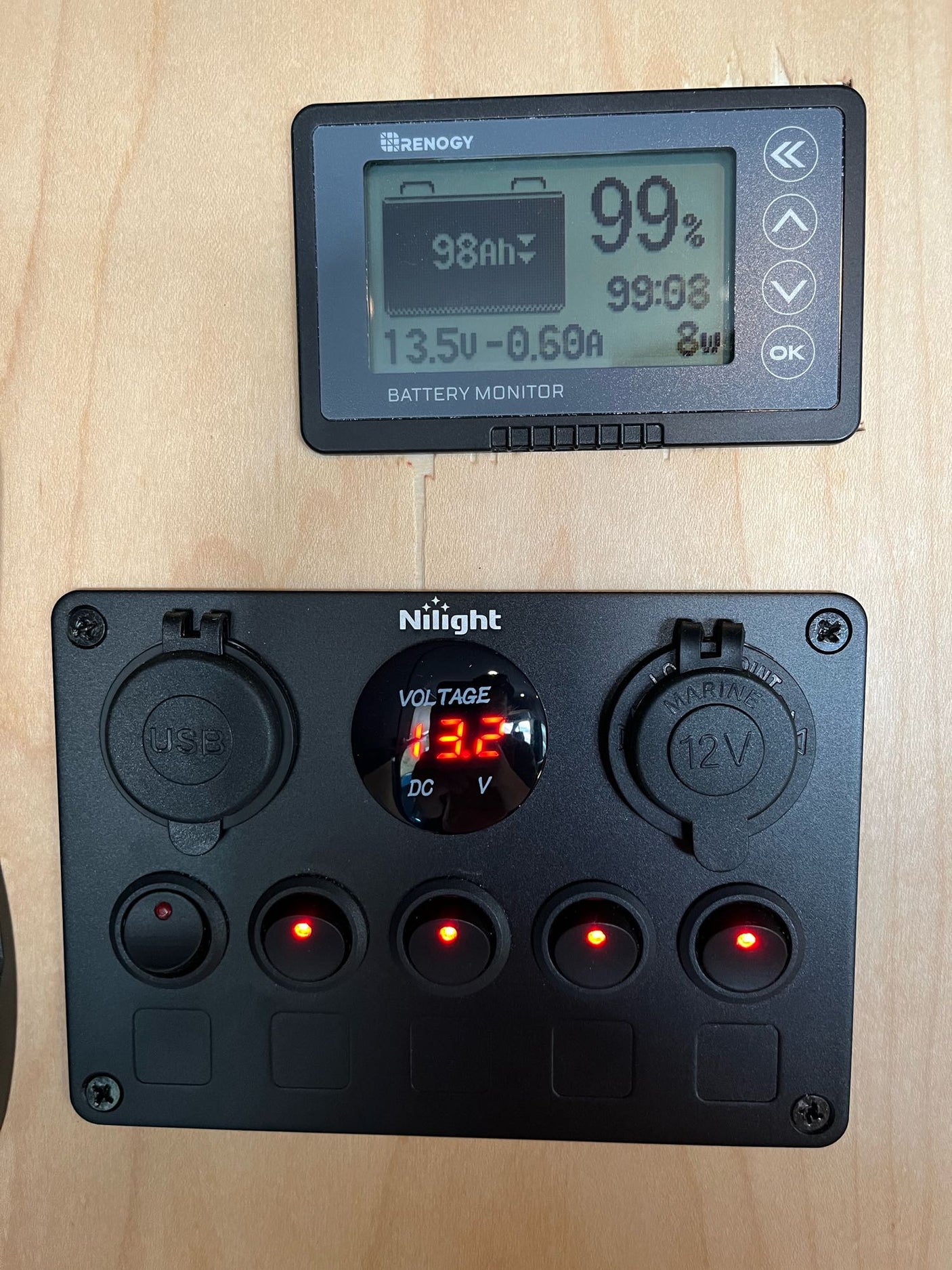 RV rental power monitoring: Renogy battery monitor (99% charged) and Nilight panel with USB, 12V, voltage (13.2V), and active switches.