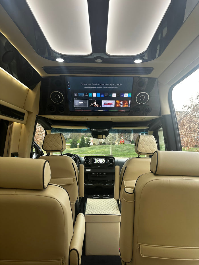 great for an RV rental.|Luxury RV rental interior with a large smart TV