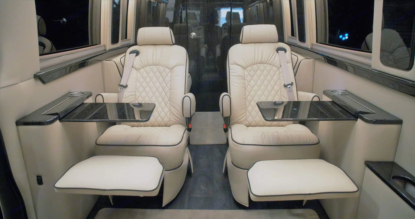 spacious tan leather RV rental interior with comfortable seating