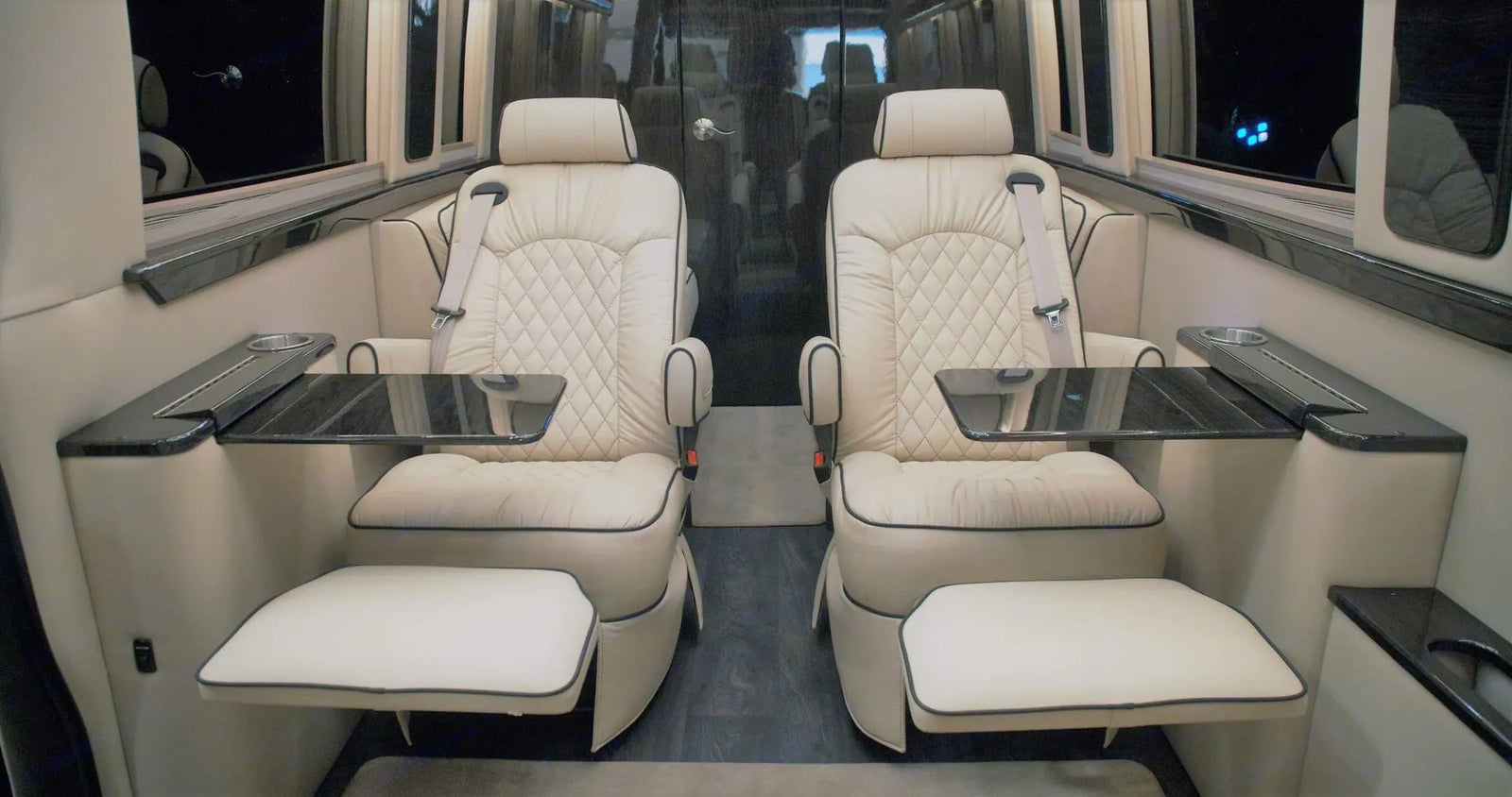 spacious tan leather RV rental interior with comfortable seating