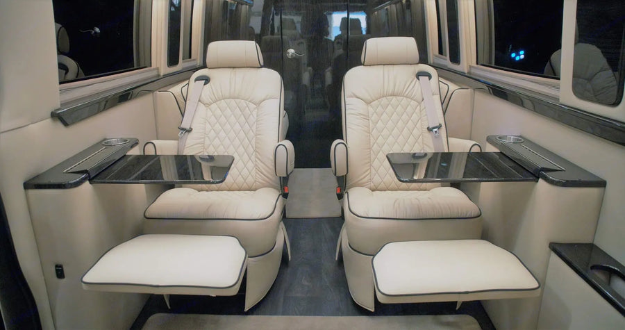spacious tan leather RV rental interior with comfortable seating