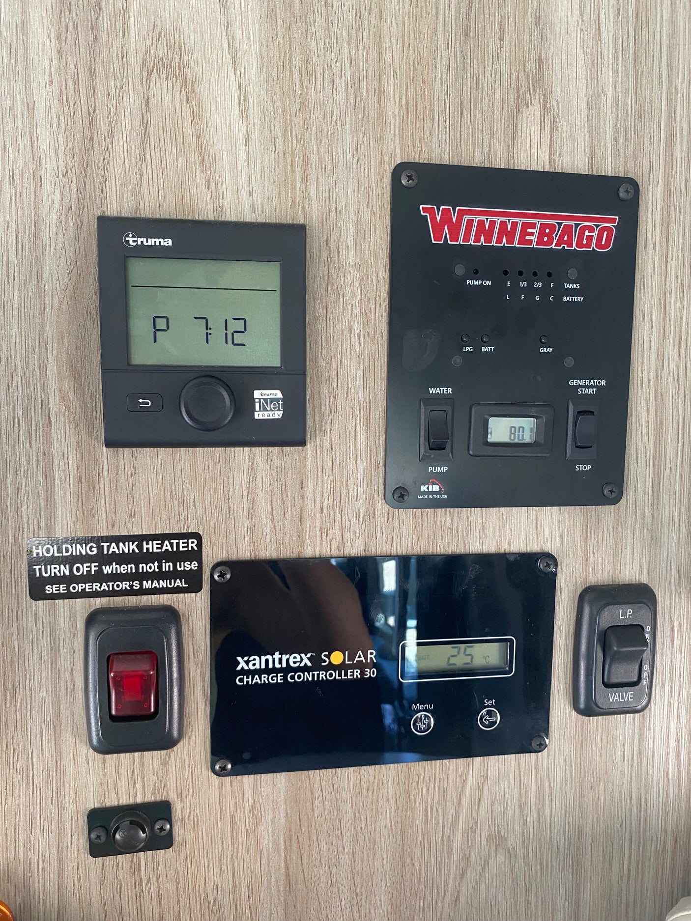 RV rental operations: Winnebago, Truma, & Xantrex Solar panels for water, generator, tanks, solar, & holding tank heater.
