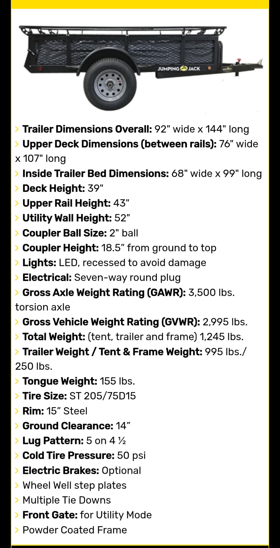 Trailer specs for an RV rental utility trailer, detailing dimensions, weights, and features like tire size.