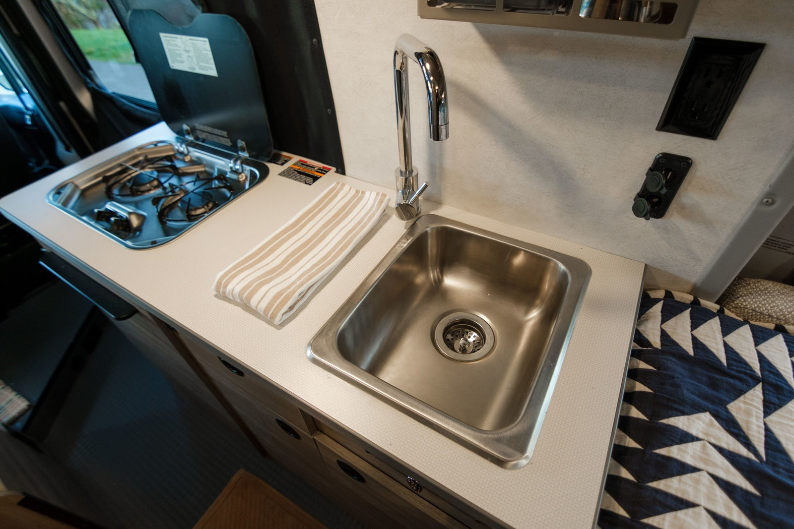 visible from the front seats.|Inside an RV rental: front cabin with comfortable seats