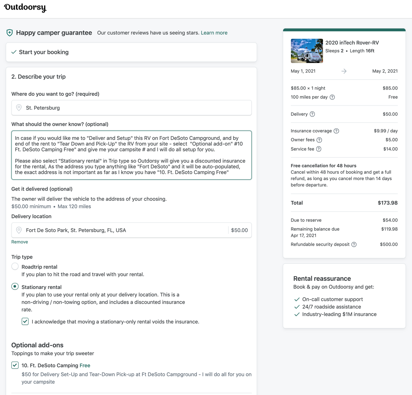 An Outdoorsy rv rental booking page showing trip options, delivery, add-ons, and a cost summary for a Rover-RV.