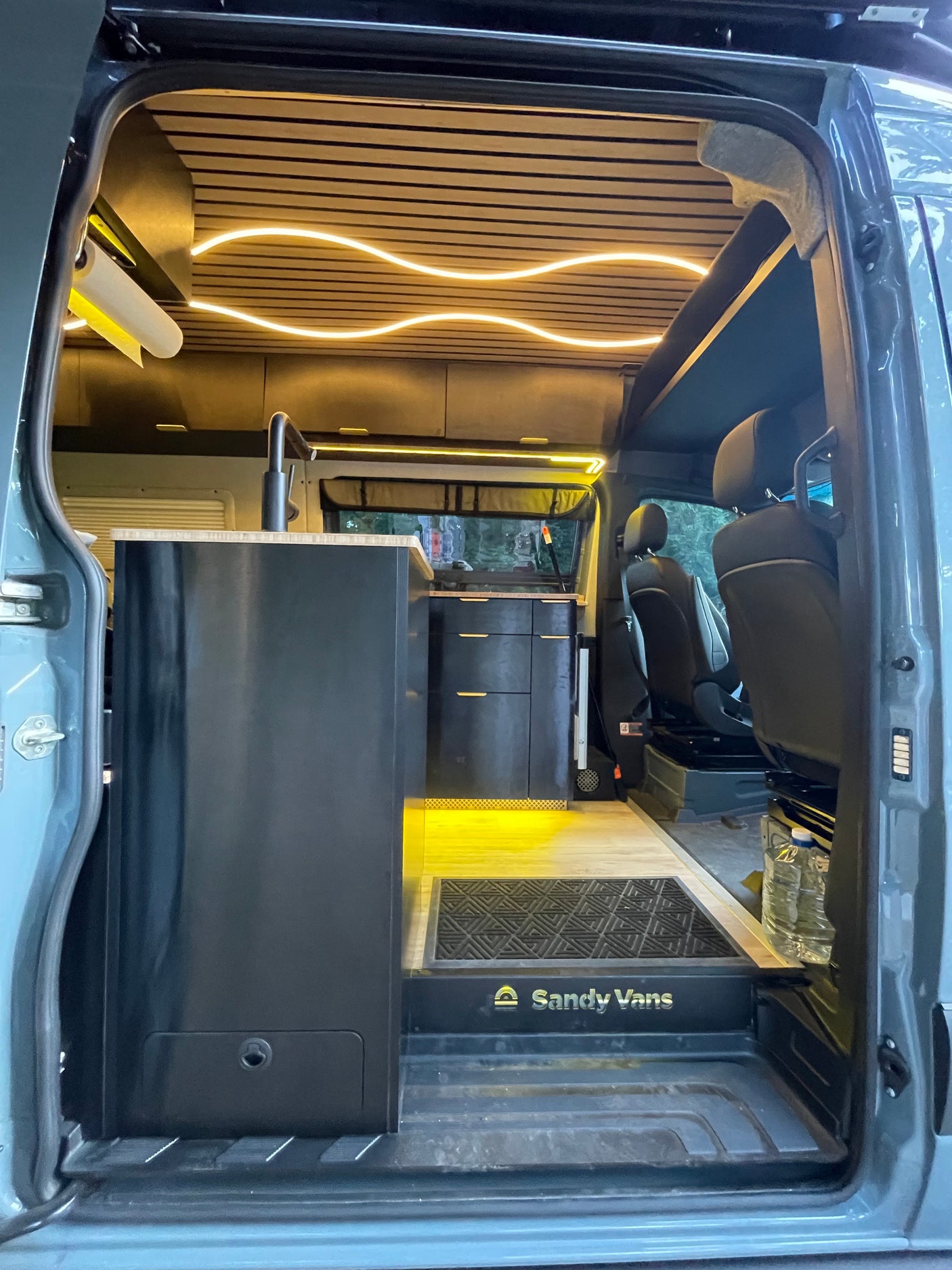 View inside an RV rental van.