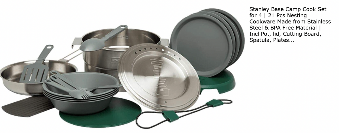 Stanley Base Camp Cook Set: 21 pcs nesting stainless steel cookware ideal for RV rental adventures. Includes pot, plates & utensils.