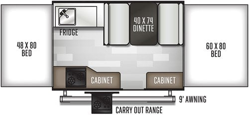 parked on a paved lot for your next adventure.|Grey pop-up camper (Rockwood Freedom) available as an RV rental