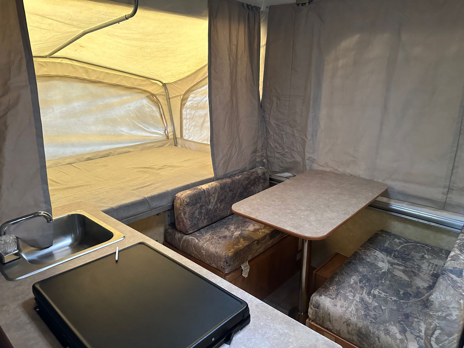 and small Dometic refrigerator.|Inside an RV rental