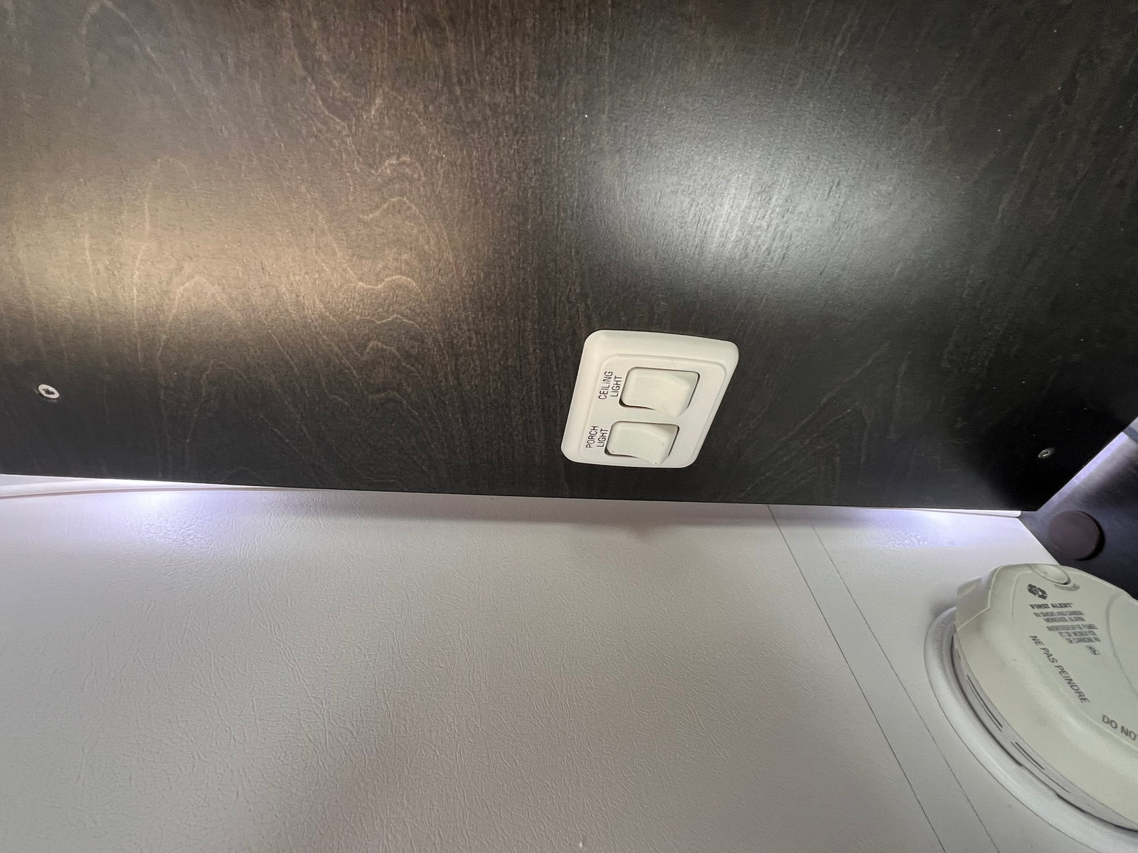 RV rental: Overhead light switches for porch/ceiling and a First Alert carbon monoxide detector for safety.