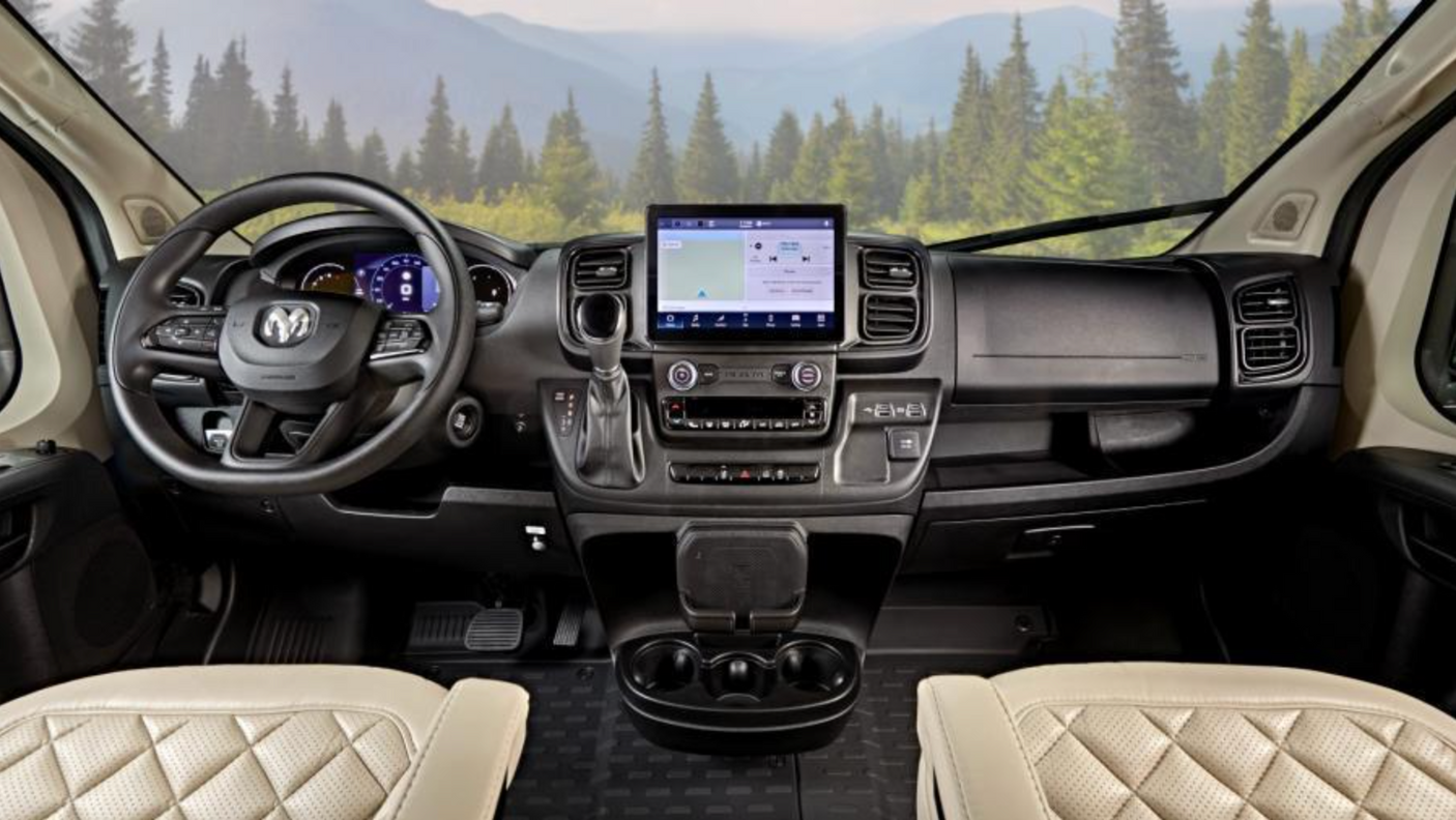 Inside your RV rental: a modern, spacious dashboard with advanced navigation & plush seating for journeys.