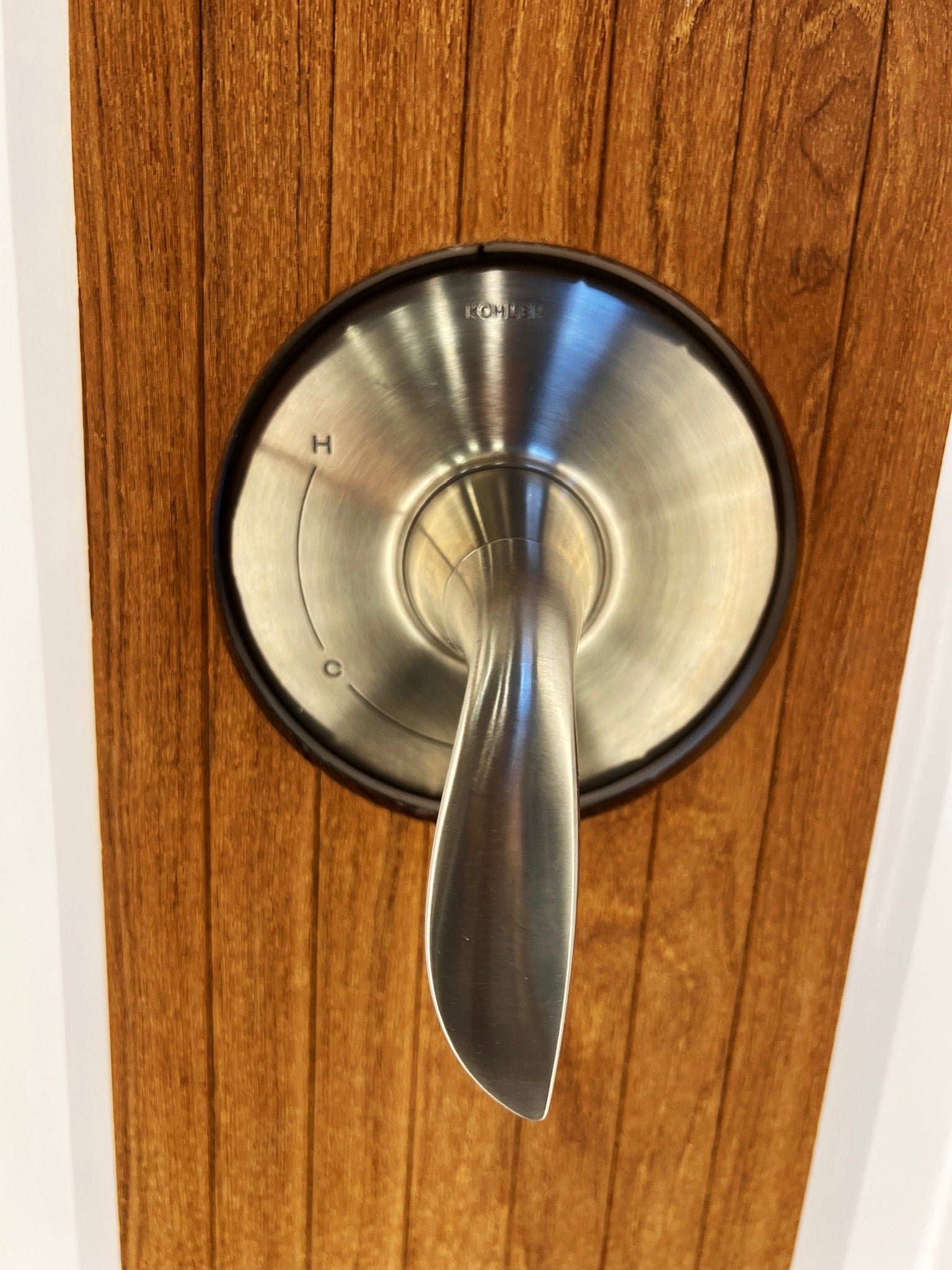 RV rental bathroom: A brushed metal Kohler shower control with 'H' and 'C' settings, set against wood paneling.
