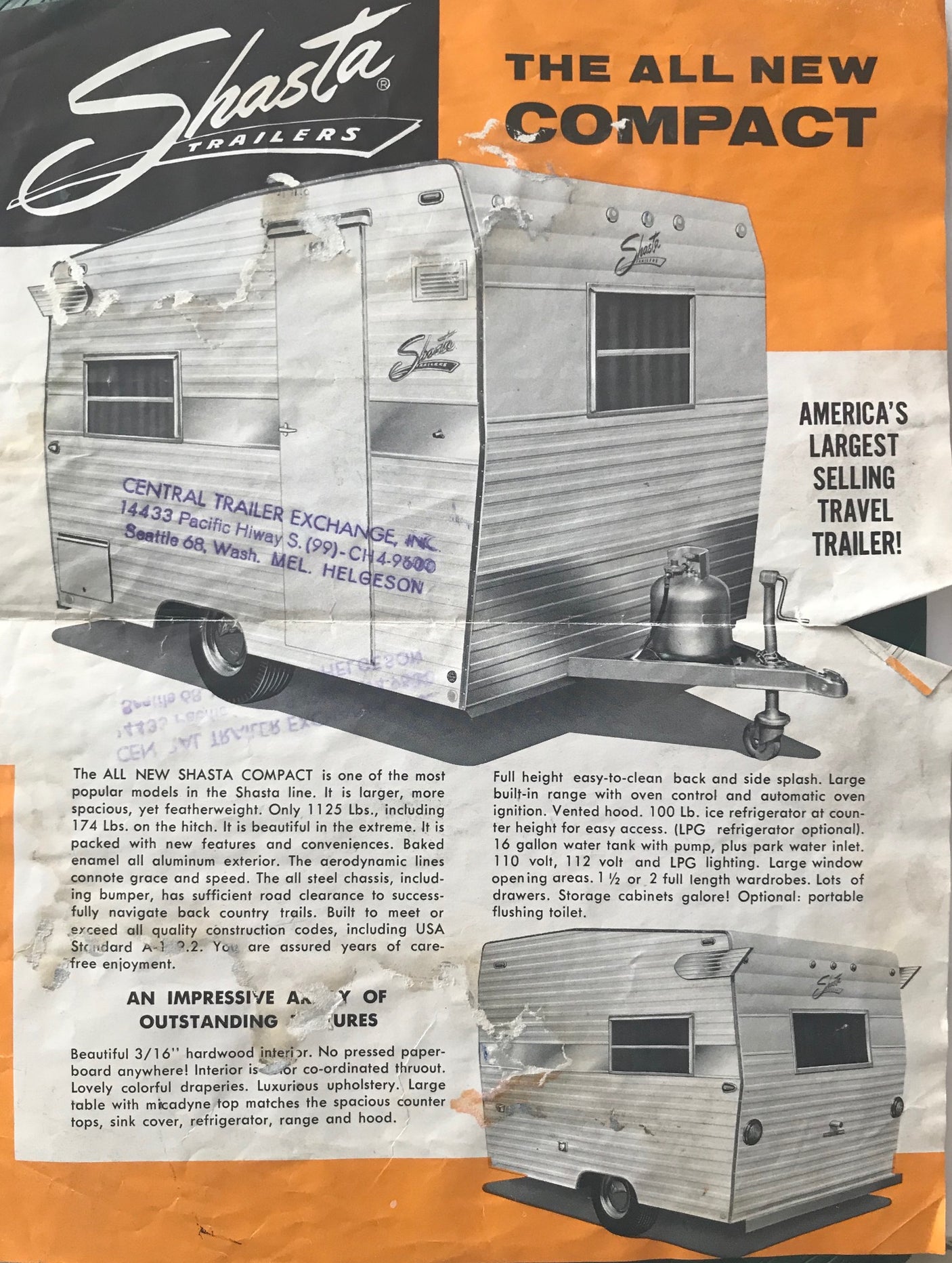 Vintage 1960s advertisement for the Shasta Compact travel trailer, detailing features of this classic RV. Ideal for an rv rental nostalgic trip.