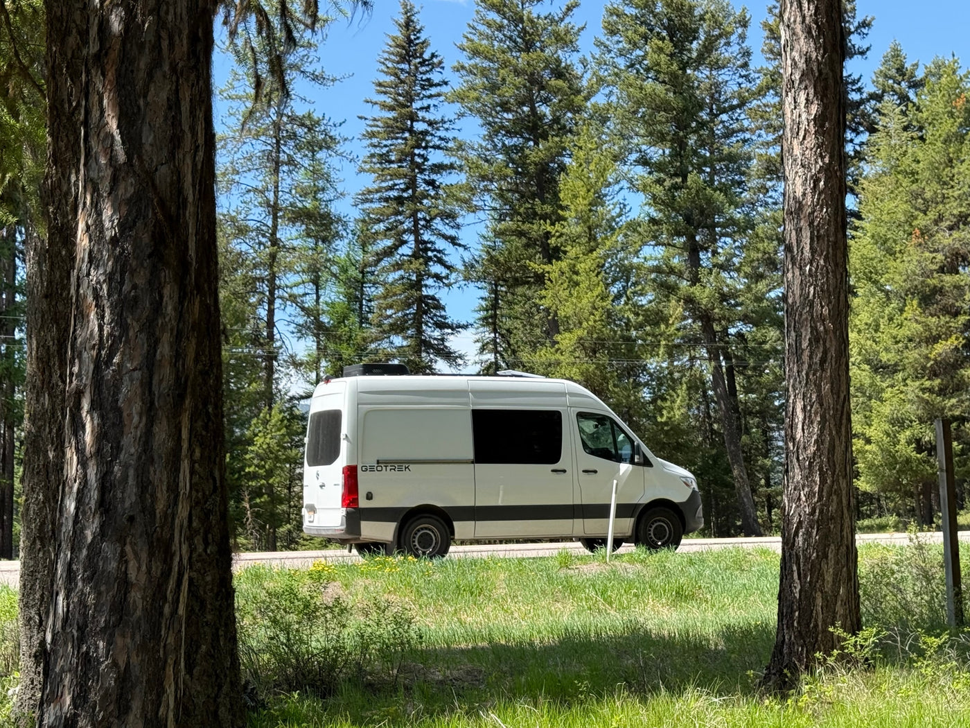 White GEOTREK RV rental van on a sunny day, framed by tall pine trees. Perfect for outdoor adventures. — photo 15