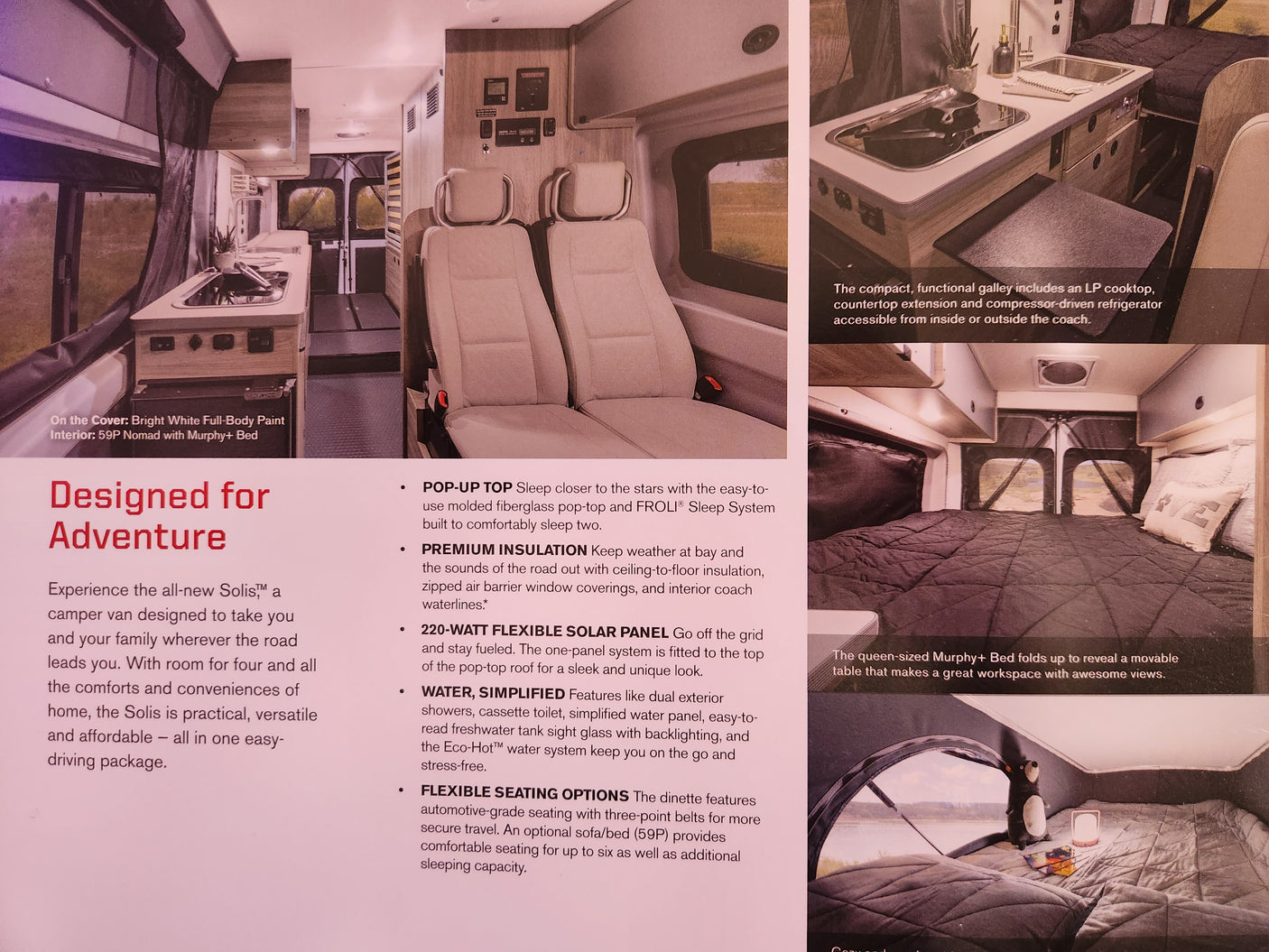 Explore this RV rental's versatile Solis camper van interior with pop-up top, Murphy+ bed, and galley for adventure.