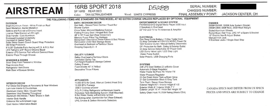 Airstream 16RB Sport 2018 RV specifications for potential rv rental. Details exterior, interior, systems & chassis.