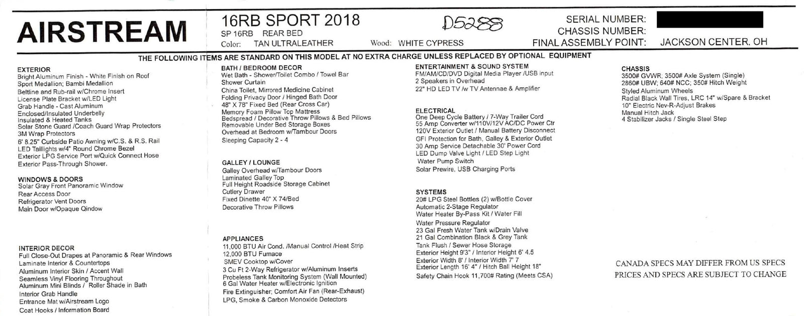 Airstream 16RB Sport 2018 RV specifications for potential rv rental. Details exterior, interior, systems & chassis.
