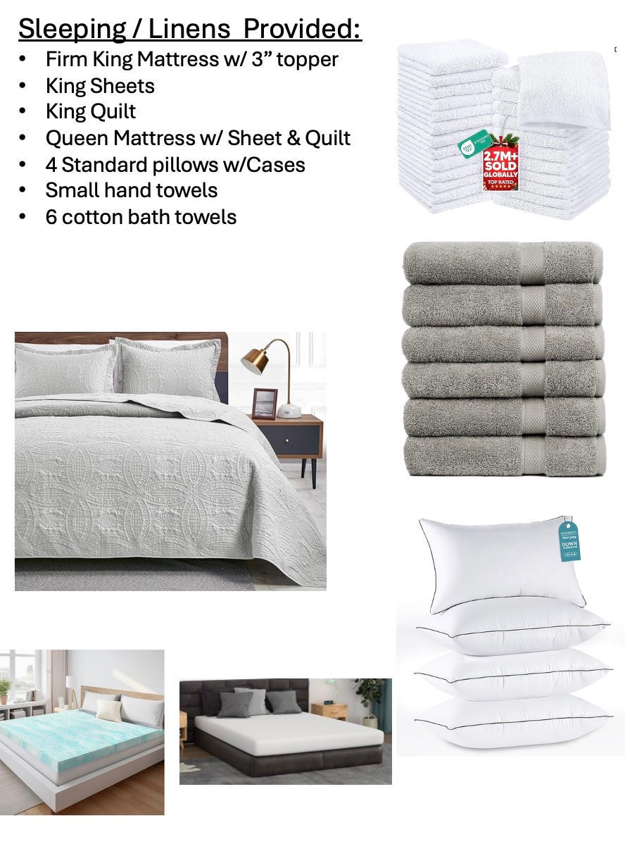 RV rental provides king/queen mattresses, bedding, 4 pillows, and 6 bath towels, as listed and shown.