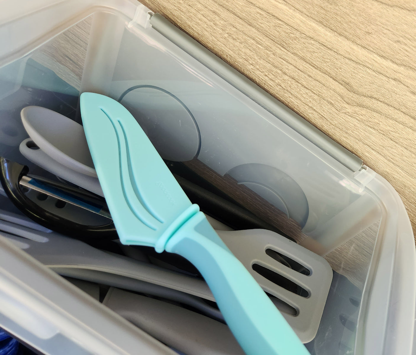 RV rental kitchen: clear bin of organized utensils, including a blue pie server & grey spatula for your travels.