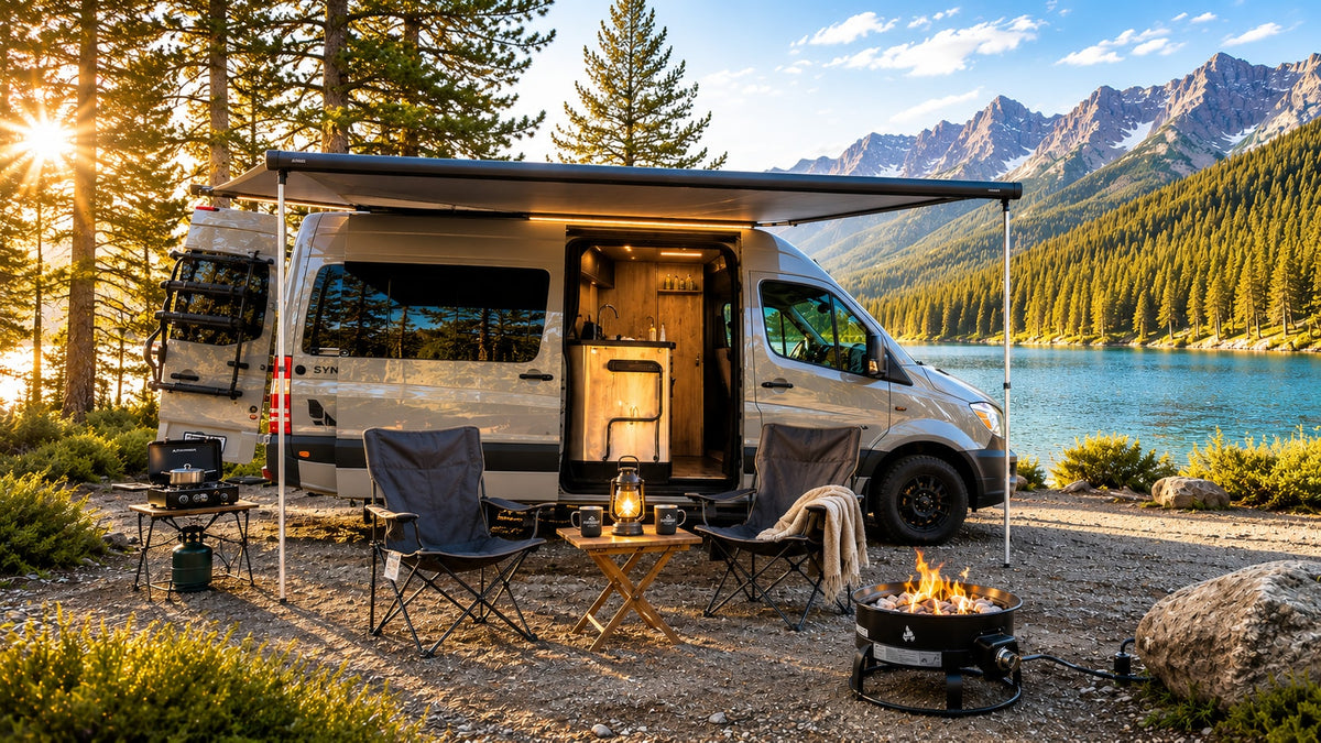This rv rental camper van offers ultimate adventure, parked by a scenic lake with mountains, a cozy fire pit, and outdoor kitchen. — photo 1