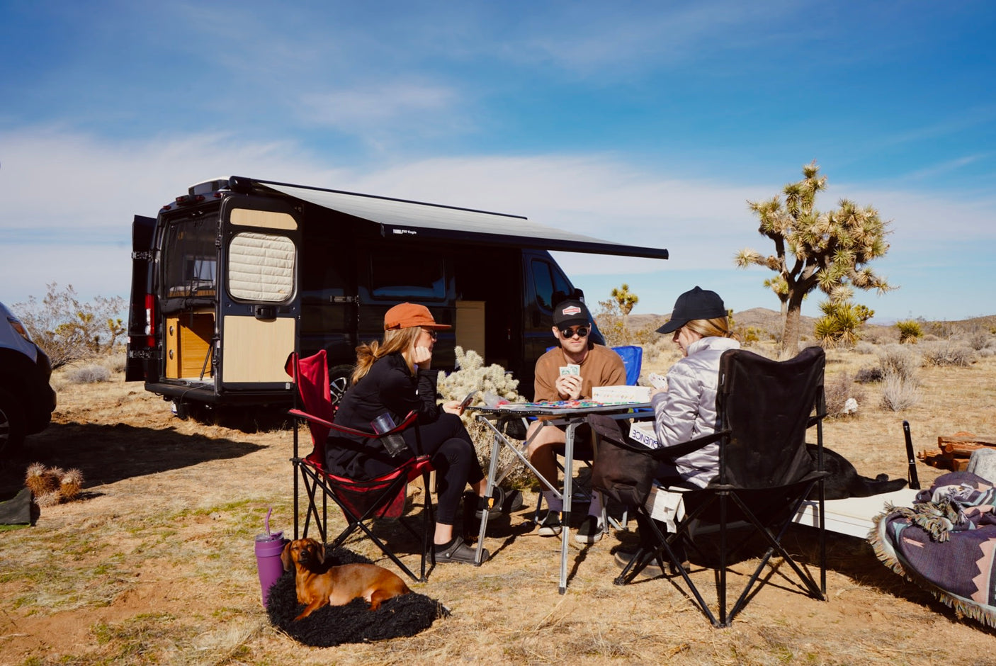 Friends play cards by their **RV rental** in the sunny desert with a dog napping, enjoying van life and a relaxed **camping** trip.