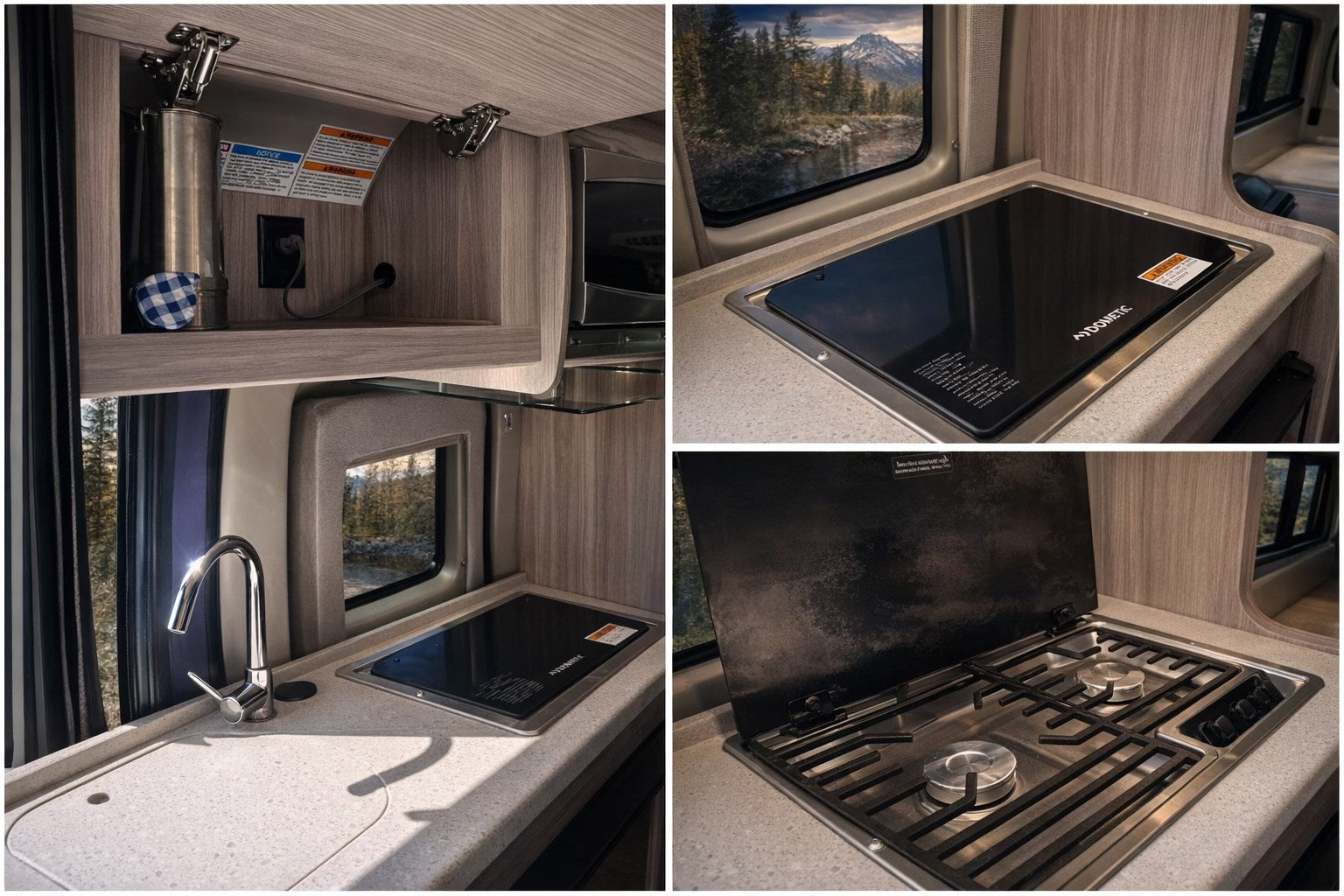 and lakeside campfire.|A white camper van