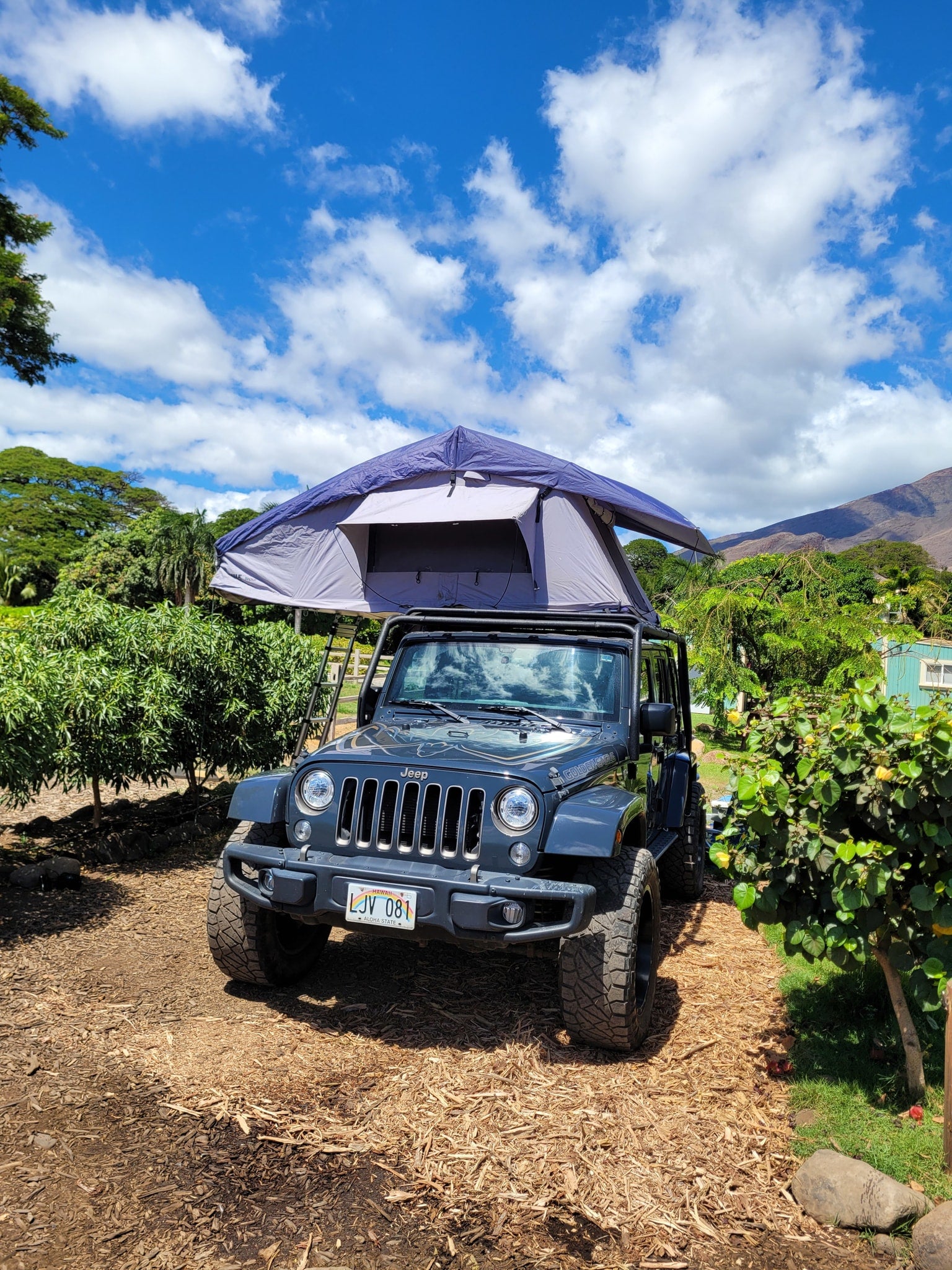 Rooftop tent on a Jeep, a unique RV rental for outdoor adventures under a blue, cloudy sky.