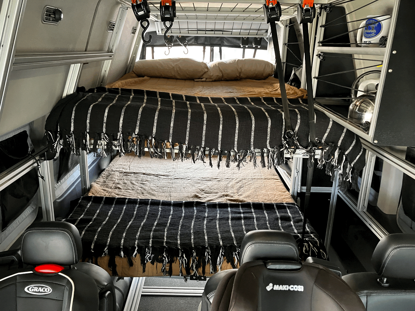 View inside an RV rental, featuring stacked bunk beds for sleeping, ample storage, and child car seats for family trips.