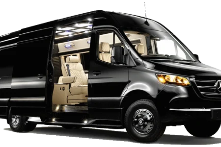 and ambient lighting.|Premium RV rental interior features plush cream seating