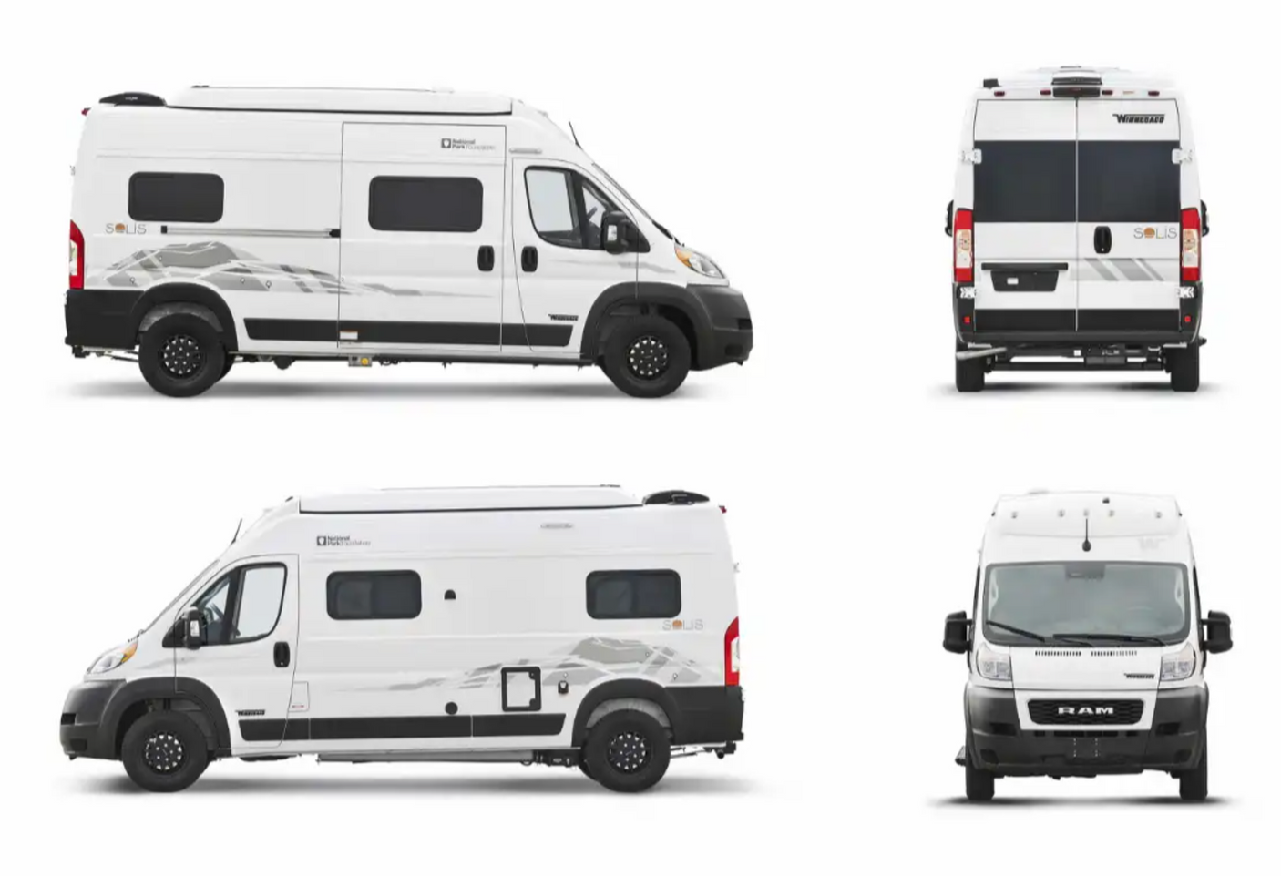 White Winnebago Solis camper van displayed from various perspectives, perfect for an RV rental road trip.
