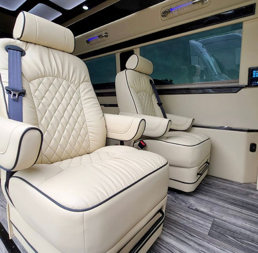 and TV. Perfect for comfortable group travel.|This luxury RV rental interior boasts plush