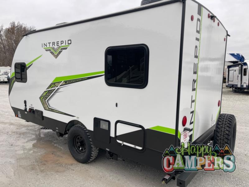 and bath with shower. Measures 19'-1 1/4".|Front view of a white & black Intrepid travel trailer RV with bold lime green accents