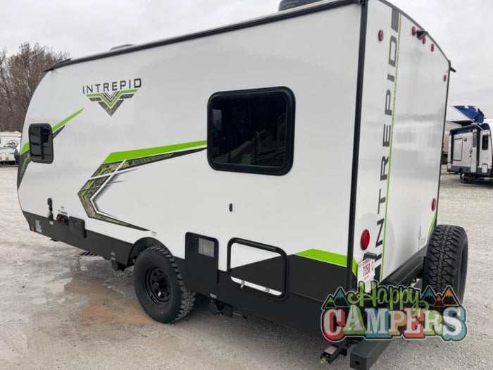 and bath with shower. Measures 19'-1 1/4".|Front view of a white & black Intrepid travel trailer RV with bold lime green accents