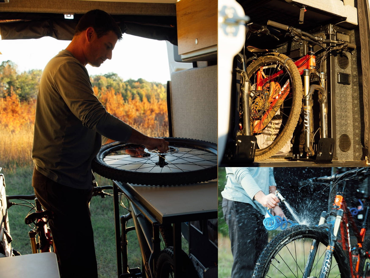 enjoying quality leisure time together.|A person enjoys a breathtaking desert view from a cozy rv rental bed. The perfect setup for van life road trips.|RV rental: A man maintains a bike wheel — photo 8