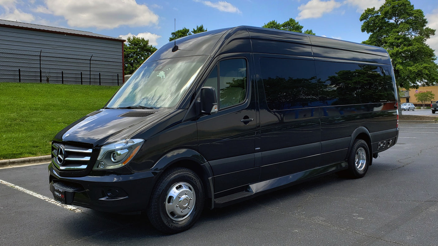 Black Mercedes-Benz Sprinter van for RV rental. Enjoy luxury travel with this spacious vehicle.