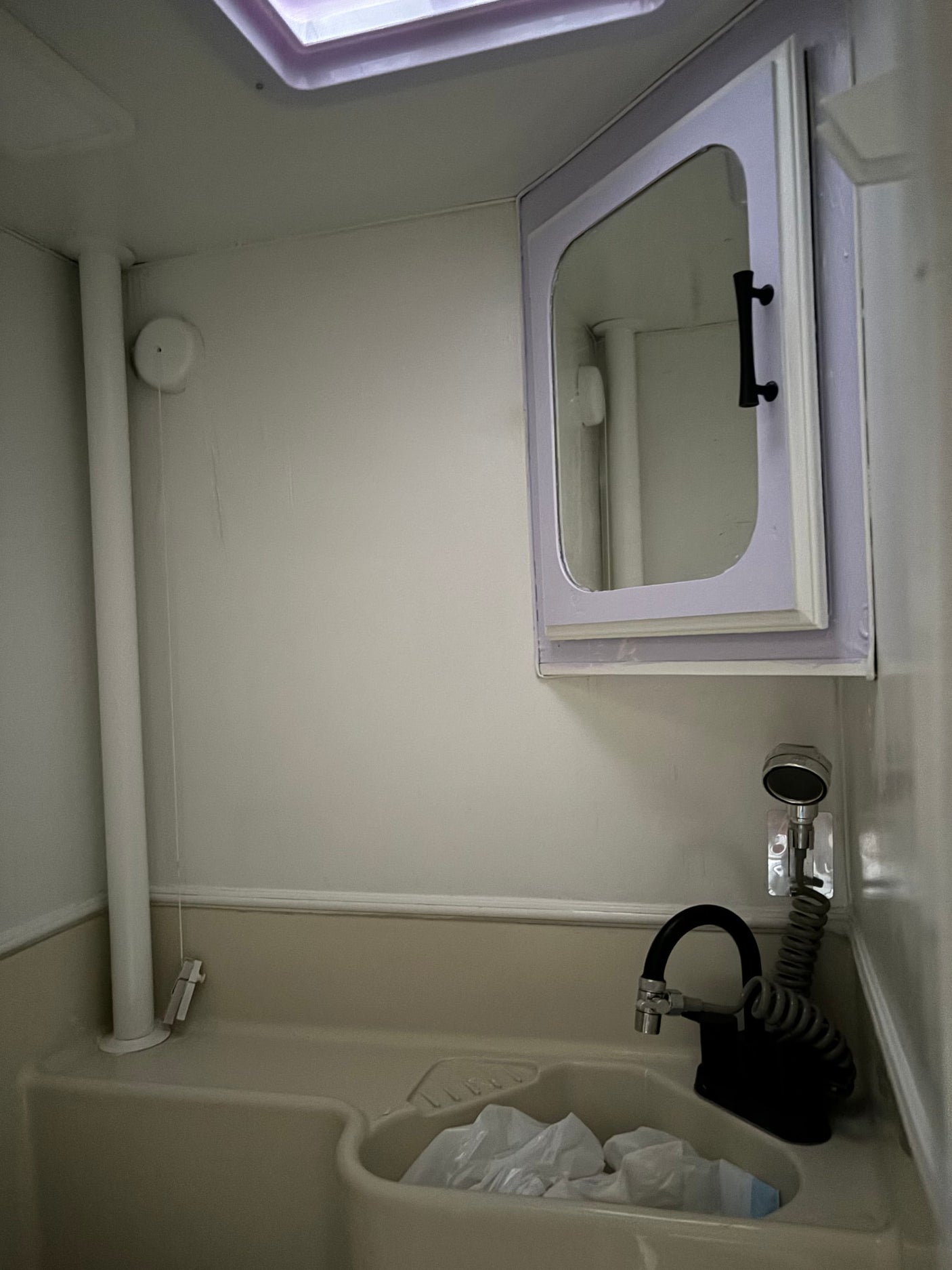 Compact RV rental bathroom: sink with pull-out black faucet, wall-mounted shower, mirrored cabinet, and skylight. Bags in sink.