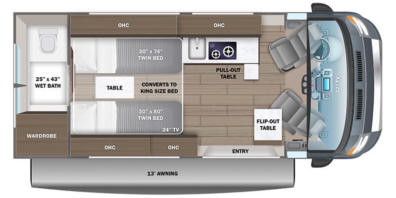 parked in a scenic desert mountain setting.|This RV rental interior layout showcases convertible twin beds