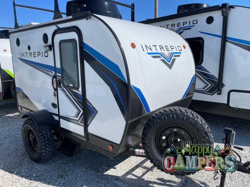 Front view of a rugged Intrepid travel trailer RV rental