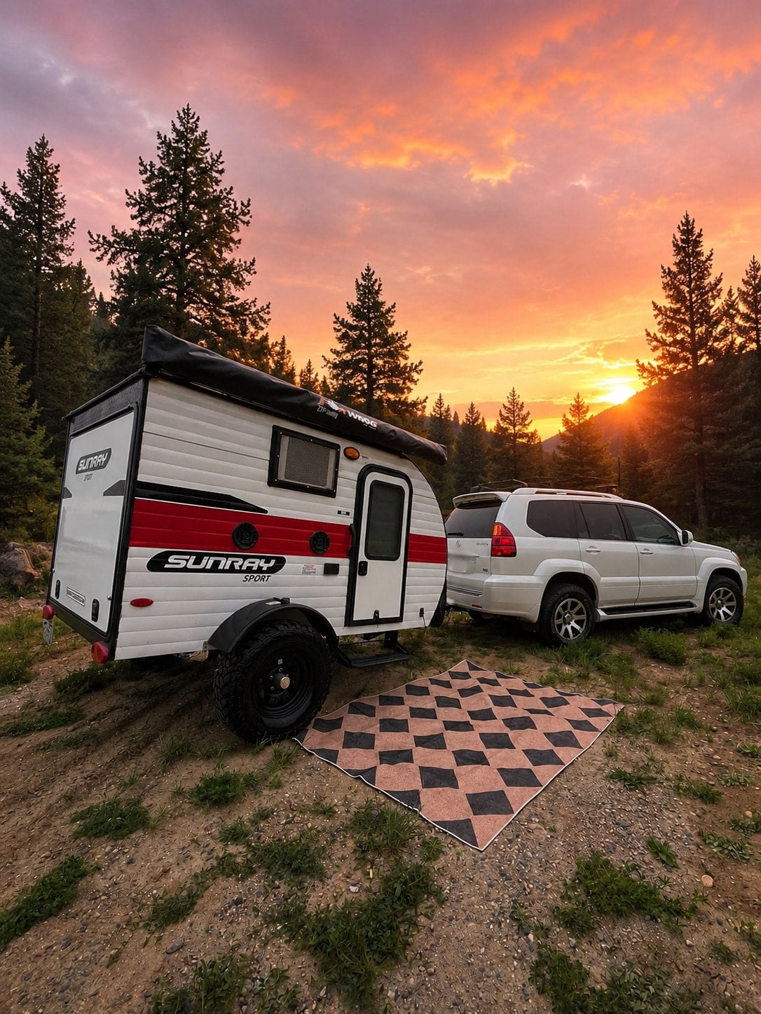 RV rental: A Sunray Sport teardrop camper & Lexus GX SUV parked amidst pines at a stunning sunset. Checkerboard mat set up for camping. — photo 2