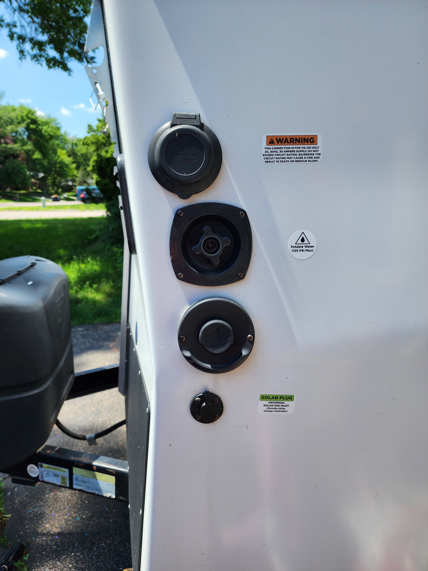 RV rental utility panel with electrical, water, hot water, and solar connections for easy setup and charging.