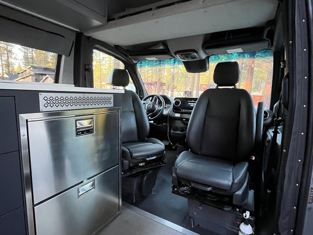 and seating.|RV rental interior: Power management panel (96% battery SOC) — photo 11
