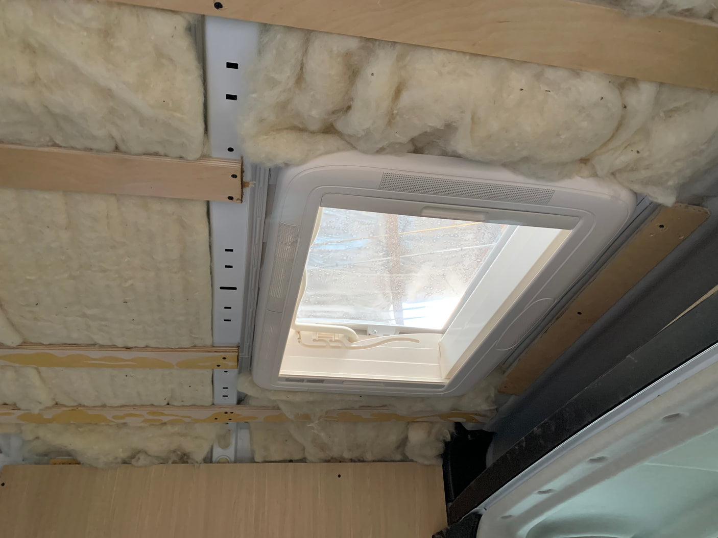 RV rental build: Ceiling insulation and wood framing surround a roof skylight with water droplets.