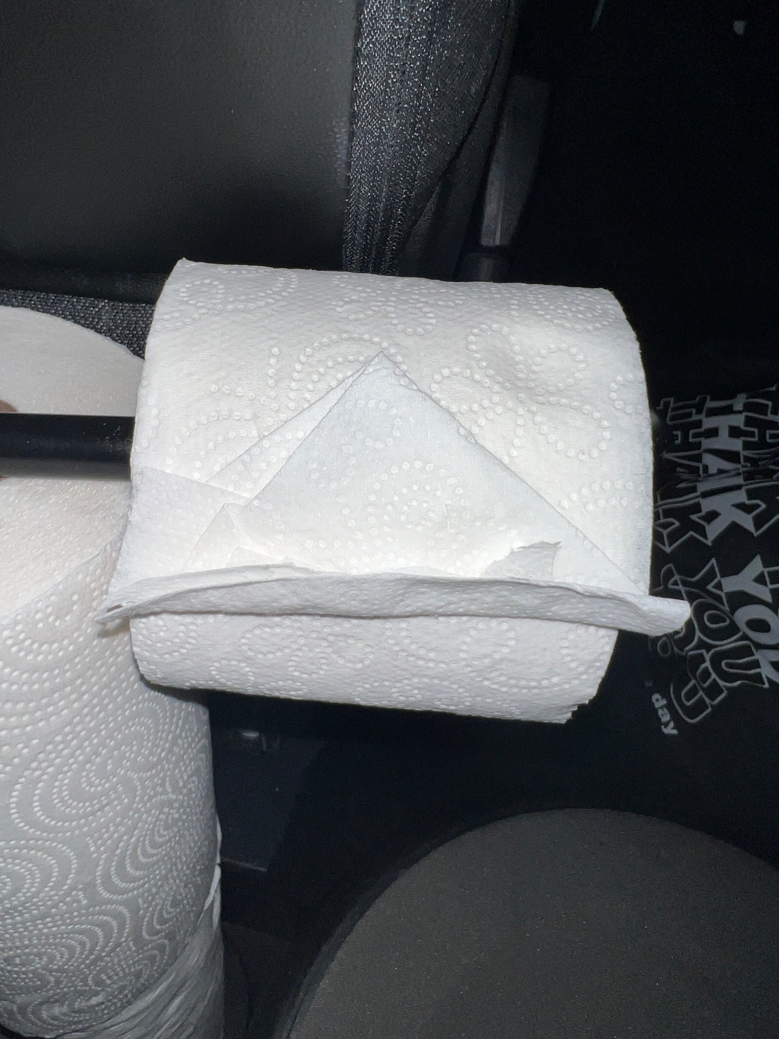 Neatly pointed toilet paper roll on a holder, a thoughtful amenity in an RV rental bathroom.