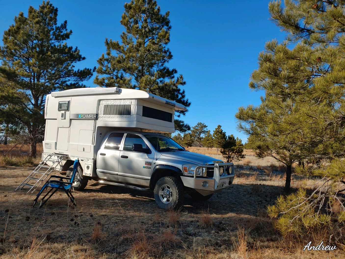 XPCamper RV rental: A truck camper in a sunny, dry pine forest, ready for overland adventures.