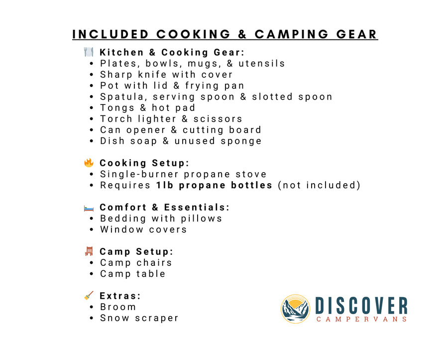 An RV rental includes cooking & camping gear from Discover Campervans: kitchenware, stove, bedding, camp chairs, and useful extras.