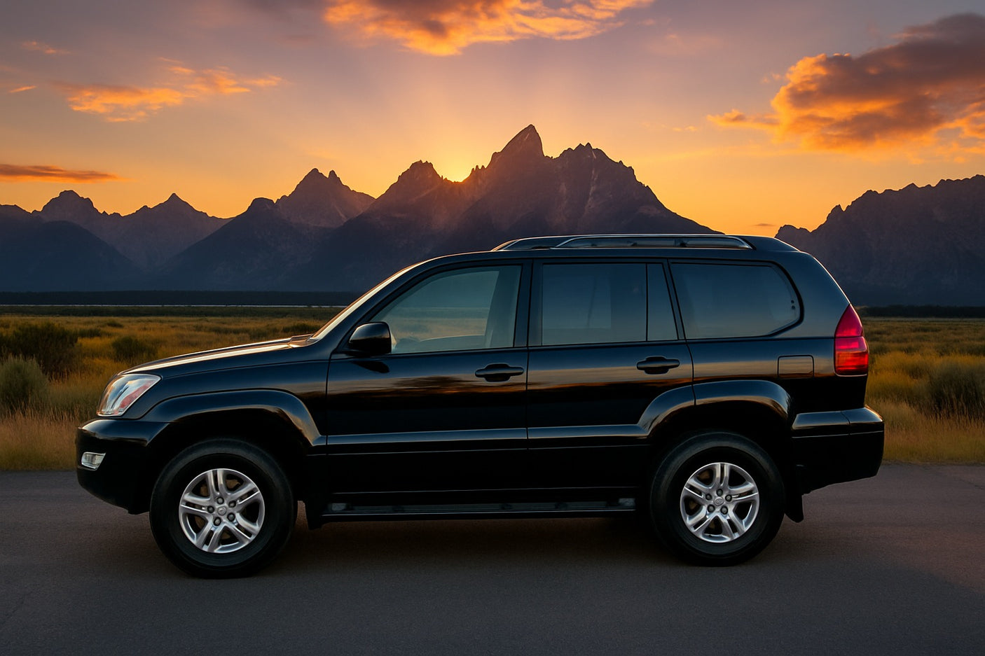 A black SUV on a road at sunset, with stunning mountains reflecting in its body. Perfect for scenic travel, like an RV rental adventure.