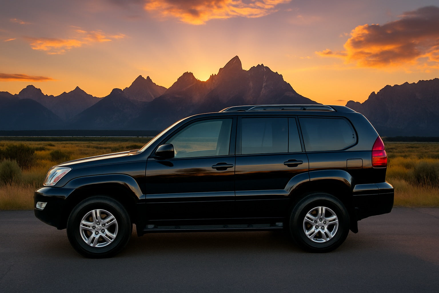 A black SUV on a road at sunset, with stunning mountains reflecting in its body. Perfect for scenic travel, like an RV rental adventure.