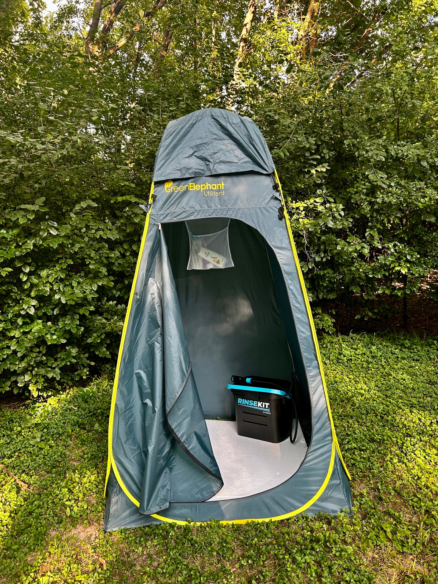 GreenElephant Utilitent: a portable privacy tent with a RinseKit shower unit inside, great for camping or an RV rental.